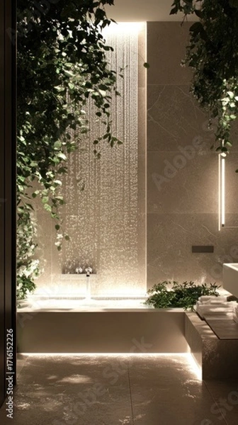 Fototapeta Serene bathroom oasis with rainfall shower and lush botanical accents