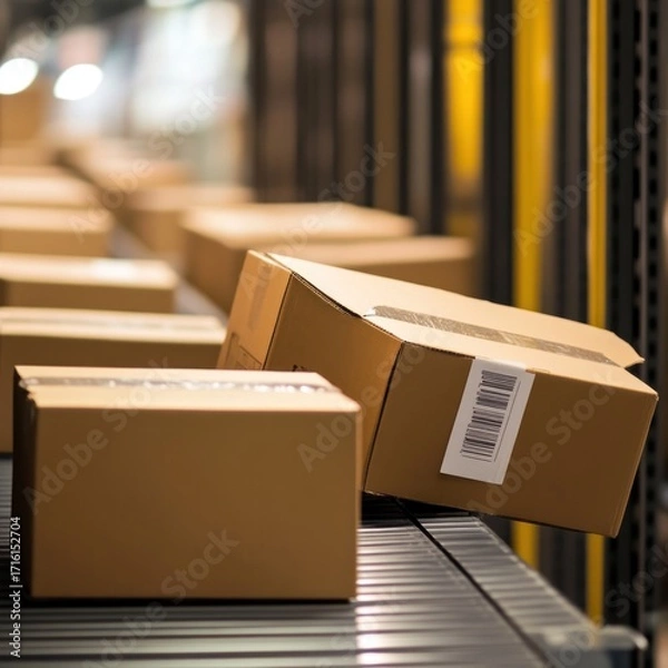 Fototapeta Automated Logistics, Cardboard Boxes on Conveyor Belt in Warehouse