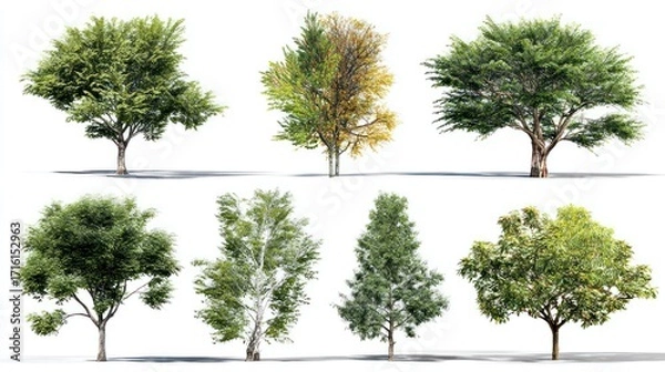 Fototapeta Seven trees with varying foliage types stand against a white background