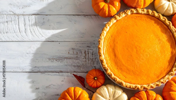 Fototapeta A whole pumpkin pie and mini pumpkins on a rustic white wooden table, perfect for thanksgiving or fall celebration