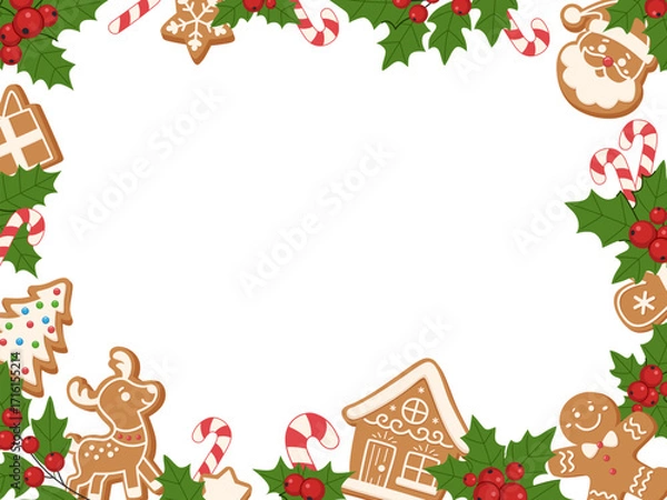 Fototapeta Christmas cartoon gingerbread frame template. Festive frame with gingerbread men, reindeer, Santa, Christmas tree and candy canes. For greeting cards, invitations, posters, and seasonal projects.