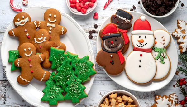 Fototapeta Assortment of festive christmas gingerbread cookies, including gingerbread men, snowmen, and trees