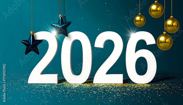 Fototapeta The year 2026 is displayed in large white numbers with festive gold star and ball ornaments