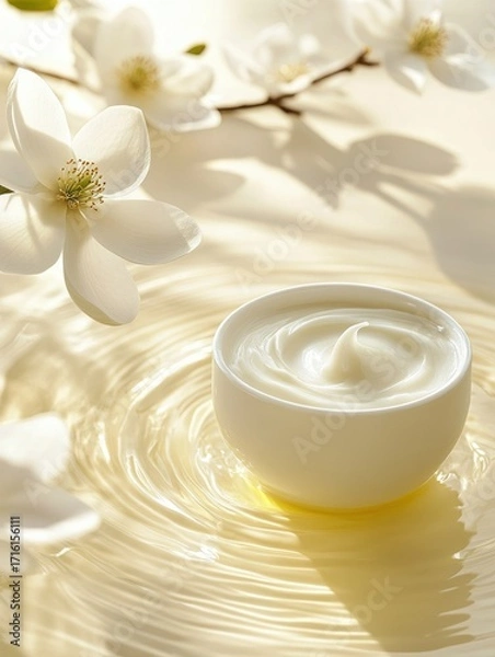 Fototapeta Gentle hydration ritual, Cream, ripples, and the magnolia's delicate grace