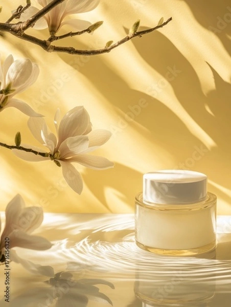 Fototapeta Magnolia bloom beside skincare product presentation on sunlit surface