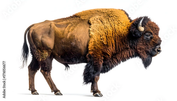 Fototapeta A majestic american bison standing profile view isolated on white background