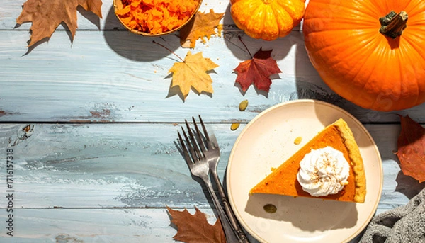 Fototapeta Slice of pumpkin pie with whipped cream on a plate, surrounded by autumn leaves and pumpkins