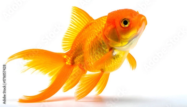 Fototapeta A vibrant orange goldfish swimming gracefully, isolated on a clean white background, showcasing its fins and scales