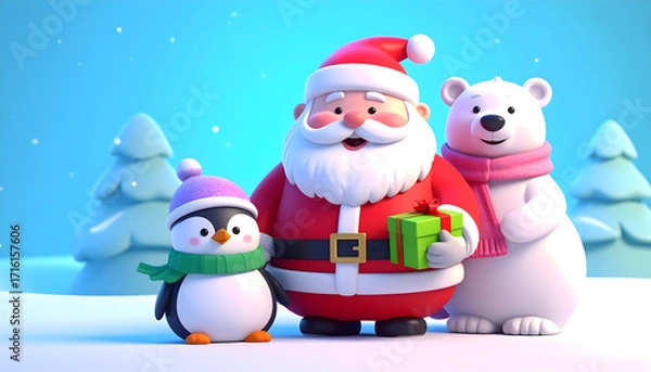 Fototapeta A charming 3d illustration of santa claus with a penguin and a polar bear, celebrating christmas in a snowy forest
