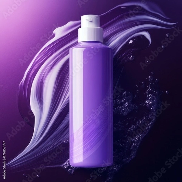 Fototapeta Elevated elegance, a purple bottle amidst swirling textures and freshness