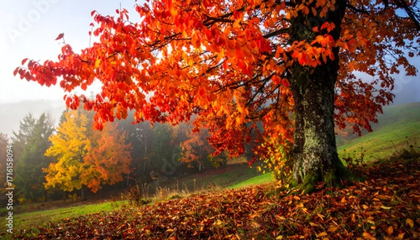 Fototapeta Vibrant autumn tree with bright orange and red leaves, fallen leaves on the ground, misty hills