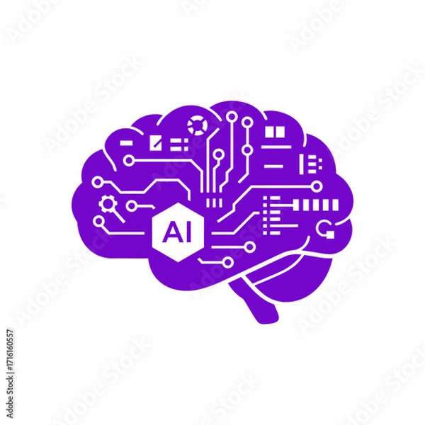 Fototapeta A purple brain with ai symbol, representing artificial intelligence and machine learning in a modern design vector illustration
