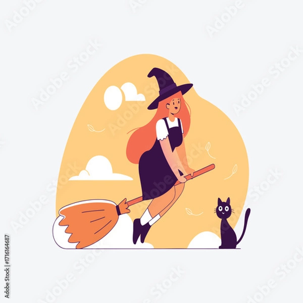 Fototapeta Illustration of a whimsical illustration of a young witch with long, flowing red hair, wearing a pointed black hat and a dark dress, joyfully flying on a broomstick against a soft orange