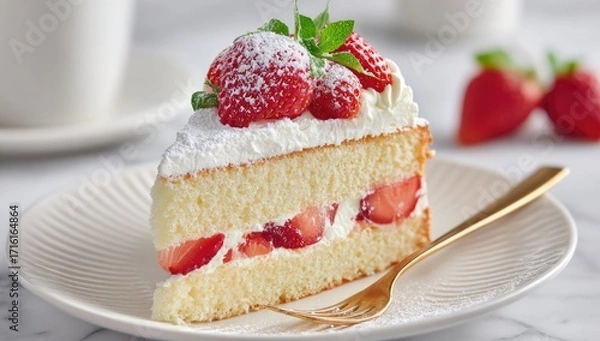 Obraz A slice of strawberry shortcake, dusted with powdered sugar, sits on a plate with a gold fork, accompanied by fresh strawberries