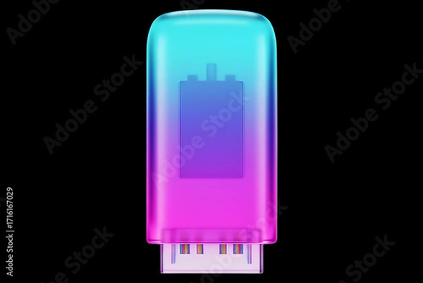 Fototapeta A vibrant 3D USB flash drive icon in blue and purple tones symbolizes data transfer and storage. Its translucent futuristic style highlights technology, memory, and connectivity.