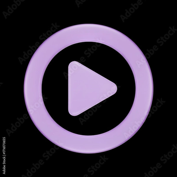 Fototapeta A glossy 3D purple play icon symbolizing video, music, and entertainment. Represents starting, launching, or streaming digital content. Clean and modern style, perfect for apps and UI designs.