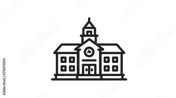 Fototapeta Simple black outline drawing of a large building, likely a school or government building, with multiple windows, a central entrance, and a tall tower