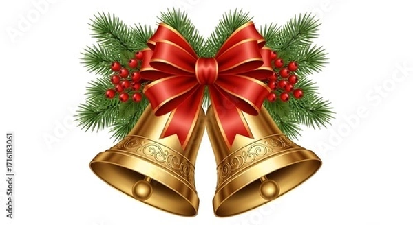 Fototapeta Golden christmas bells with red ribbon and pine branches isolated on white background