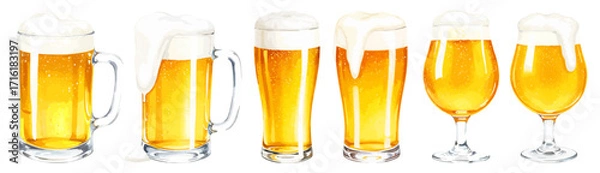 Obraz ビールの水彩風イラスト 泡の溢れるビールと様々なグラスのベクターイラストセット
