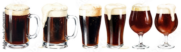 Obraz 黒ビールの水彩風イラスト 泡の溢れる黒ビールと様々なグラスのベクターイラストセット