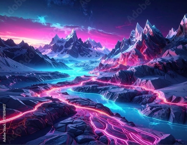 Obraz Futuristic Glowing Valley Landscape with Pink and Blue Rivers
