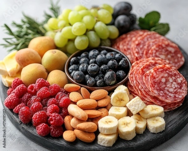 Obraz Assorted fresh fruit and cured meat platter