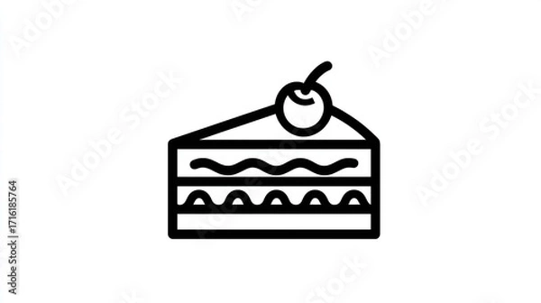 Fototapeta A line-art illustration of a triangular slice of layered cake, topped with a single cherry