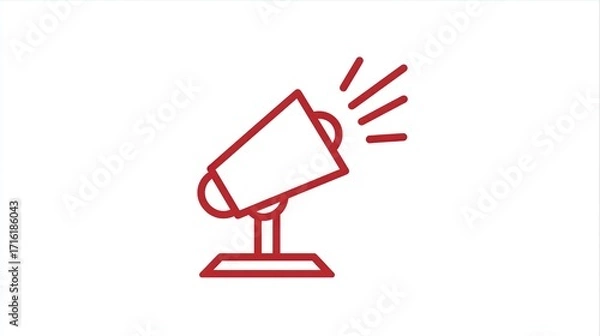 Fototapeta A maroon line drawing of a spotlight on a stand, angled upward, emitting rays of light