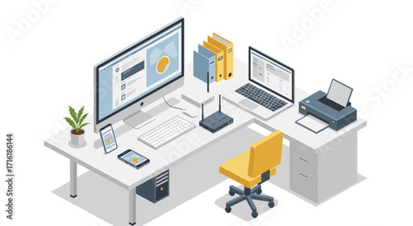 Fototapeta Modern office workspace with computer and printer in isometric style