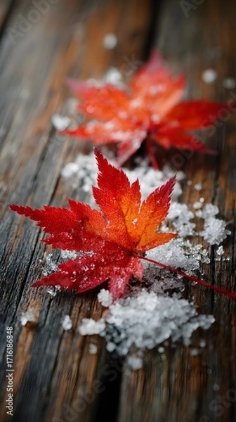 Fototapeta Calm scene with red maple leaves and crystalized snow on brown wood, balanced lighting, no text or logo