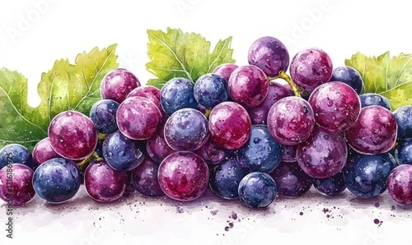 Obraz Vibrant bunch of purple and dark purple grapes with leaves