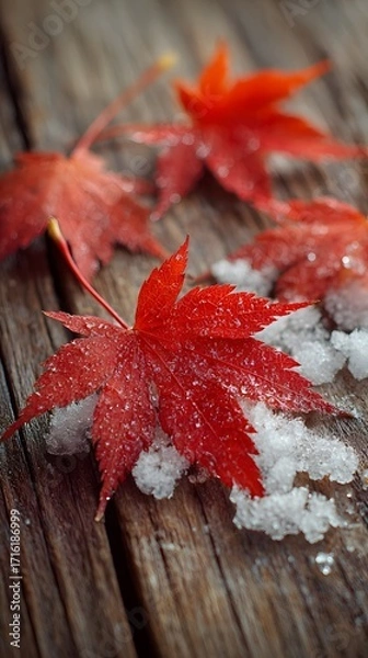 Fototapeta Calm scene with red maple leaves and crystalized snow on brown wood, balanced lighting, no text or logo