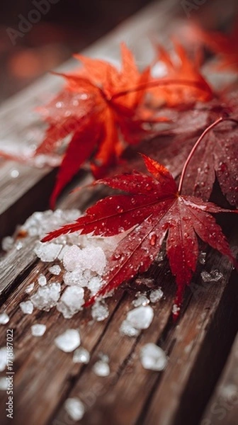 Fototapeta Calm scene with red maple leaves and crystalized snow on brown wood, balanced lighting, no text or logo