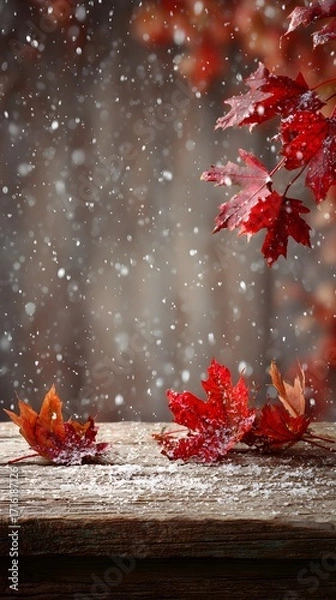 Fototapeta Calm scene with red maple leaves and crystalized snow on brown wood, balanced lighting, no text or logo