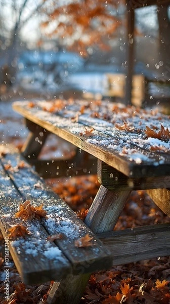 Fototapeta Wooden picnic table covered in leaves and snowflakes, morning light, no text or logo