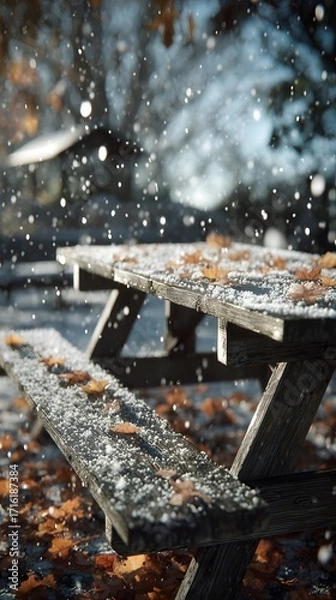 Fototapeta Wooden picnic table covered in leaves and snowflakes, morning light, no text or logo