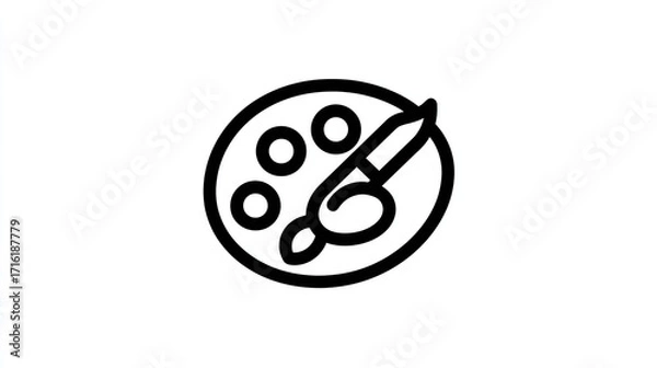Fototapeta Simple black line art of a circular paint palette with dots representing colors and a brush