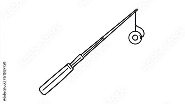 Fototapeta Simple black outline drawing of a fishing rod.  A thin line represents the rod, reel, and fishing line.  A circular reel is visible