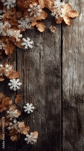 Fototapeta Minimalist vertical image of snowflake clusters and dry leaves on raw wooden planks, no text or logo