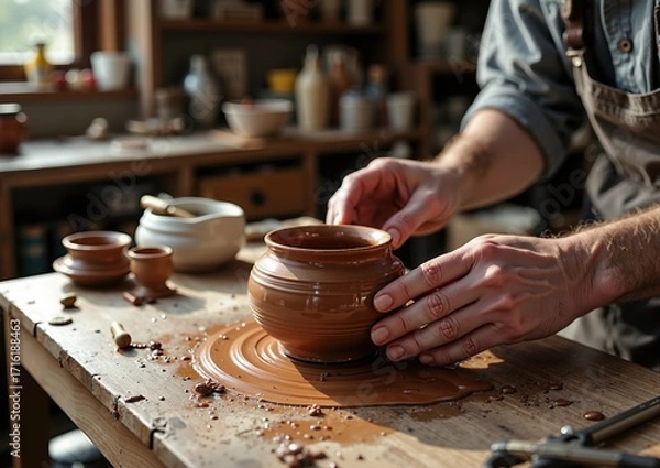 Fototapeta Craftsmanship in action: pottery creation in sunlit studio for art enthusiasts and designers