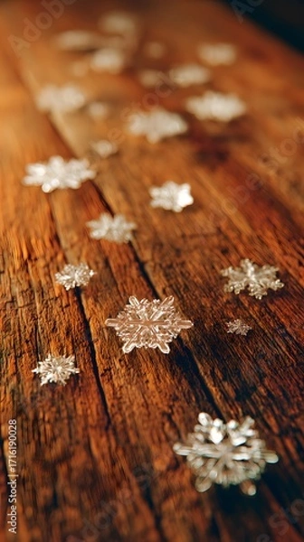 Fototapeta Delicate snowflake motifs with scattered leaves across polished wooden table, clear focus, no text or logo