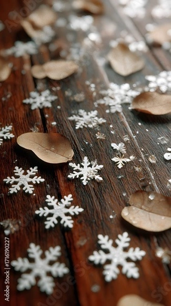 Fototapeta Delicate snowflake motifs with scattered leaves across polished wooden table, clear focus, no text or logo