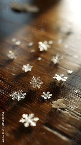 Fototapeta Delicate snowflake motifs with scattered leaves across polished wooden table, clear focus, no text or logo