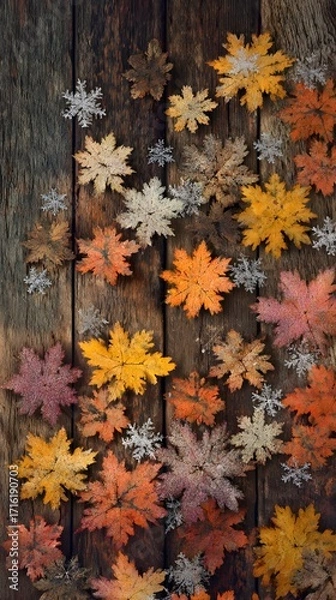 Fototapeta Warm-toned image of snowflakes blending into colorful autumn leaves on wood, natural look, no text or logo