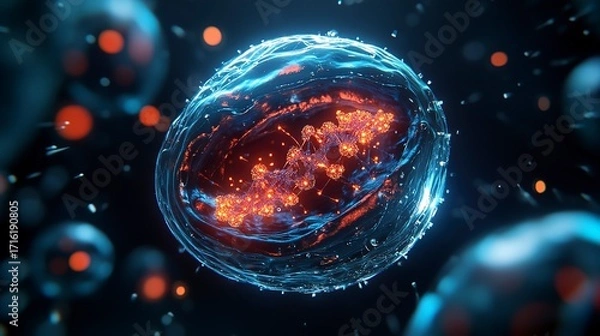 Fototapeta Nucleus containing DNA illuminated in a vibrant cellular environment with glowing particles