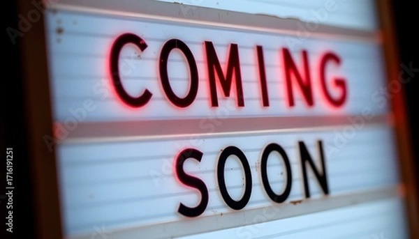 Fototapeta Coming Soon Illuminated Sign: A close-up of a backlit sign displaying the words COMING SOON, creating an anticipation for what's to come. The illuminated letters glow brightly.