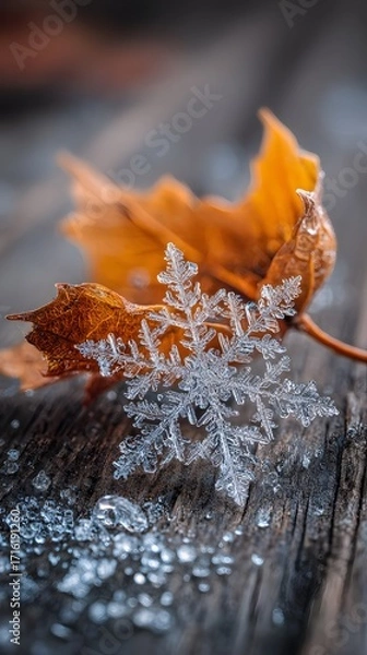 Fototapeta Detailed vertical shot of icy snowflake beside curled orange leaf on rustic wood, sharp macro style, no text or logo