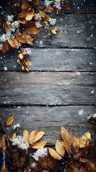 Fototapeta Vintage wooden board with natural arrangement of fall leaves and gentle snowfall, no text or logo