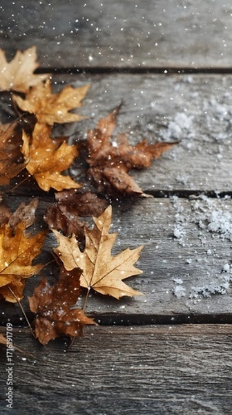 Fototapeta Vintage wooden board with natural arrangement of fall leaves and gentle snowfall, no text or logo