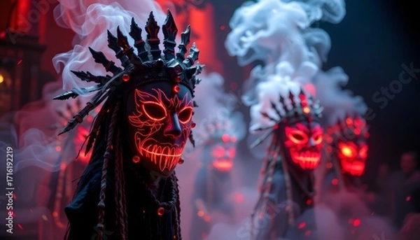 Fototapeta Enigmatic Ceremony with Glowing Masks: A mysterious scene unfolds, featuring individuals adorned in intricate masks and adorned with ornamental headdresses.
